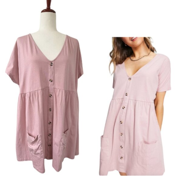 ASOS Pink Button Through Mini Smock Dress with Pockets Size 6 - Picture 1 of 12